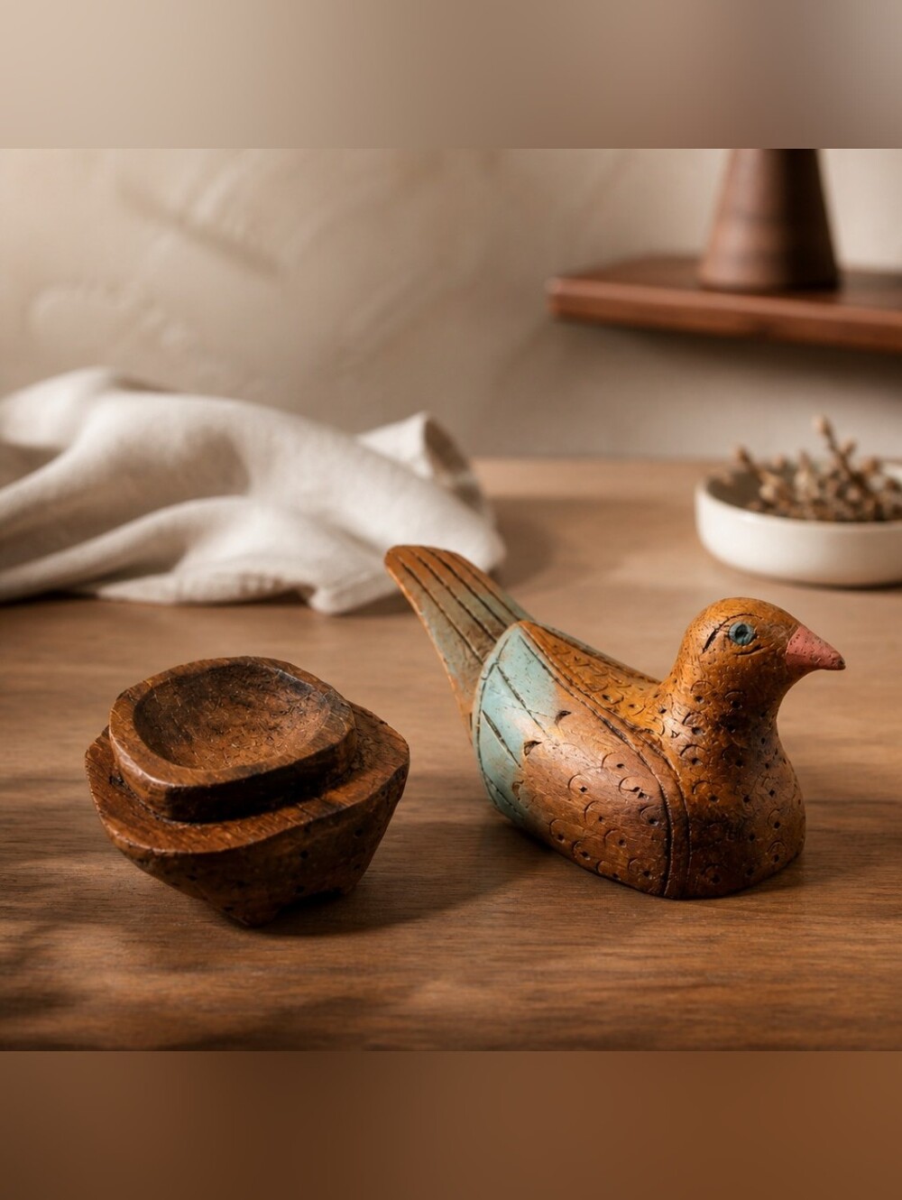Hand-Crafted Wooden Bird Figurine and Folk Art Ring Holder/Trinket Box